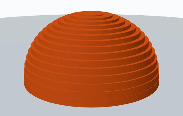 Cúpula en render 3D con capas gruesas en la parte baja casi vertical y capas cada vez más finas hacia la cima