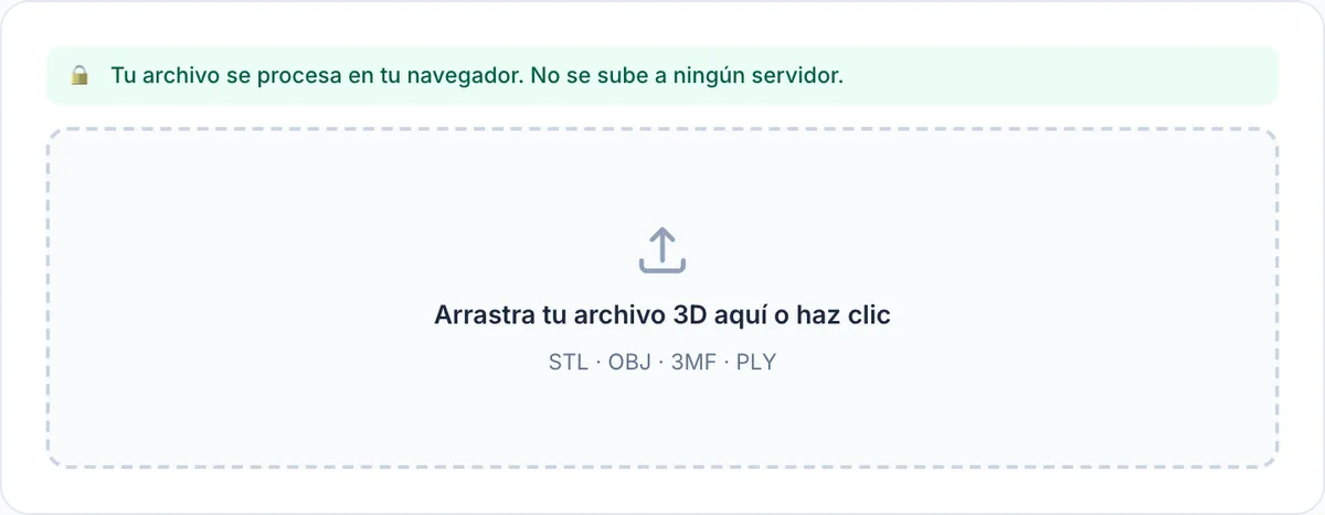 Interfaz del conversor de archivos 3D de hotend: zona para arrastrar el archivo, formatos soportados y aviso de que nada se sube a un servidor