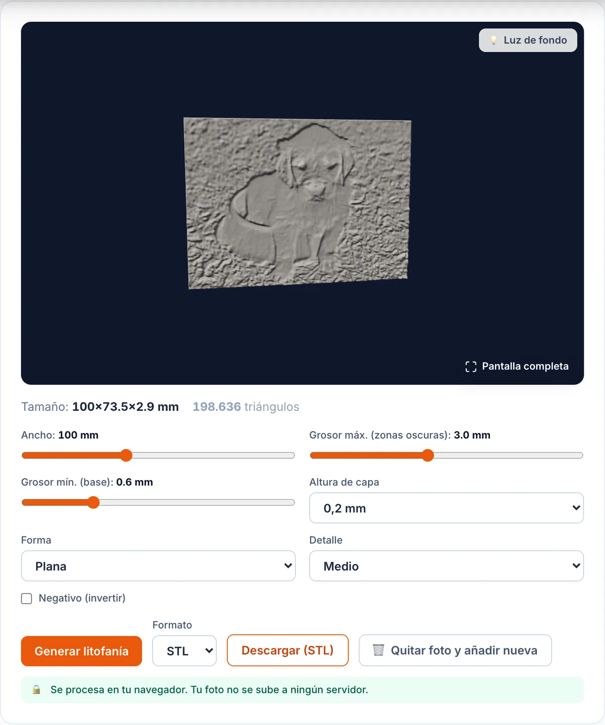 El generador de litofanías de hotend con el relieve 3D generado y los controles de ajuste