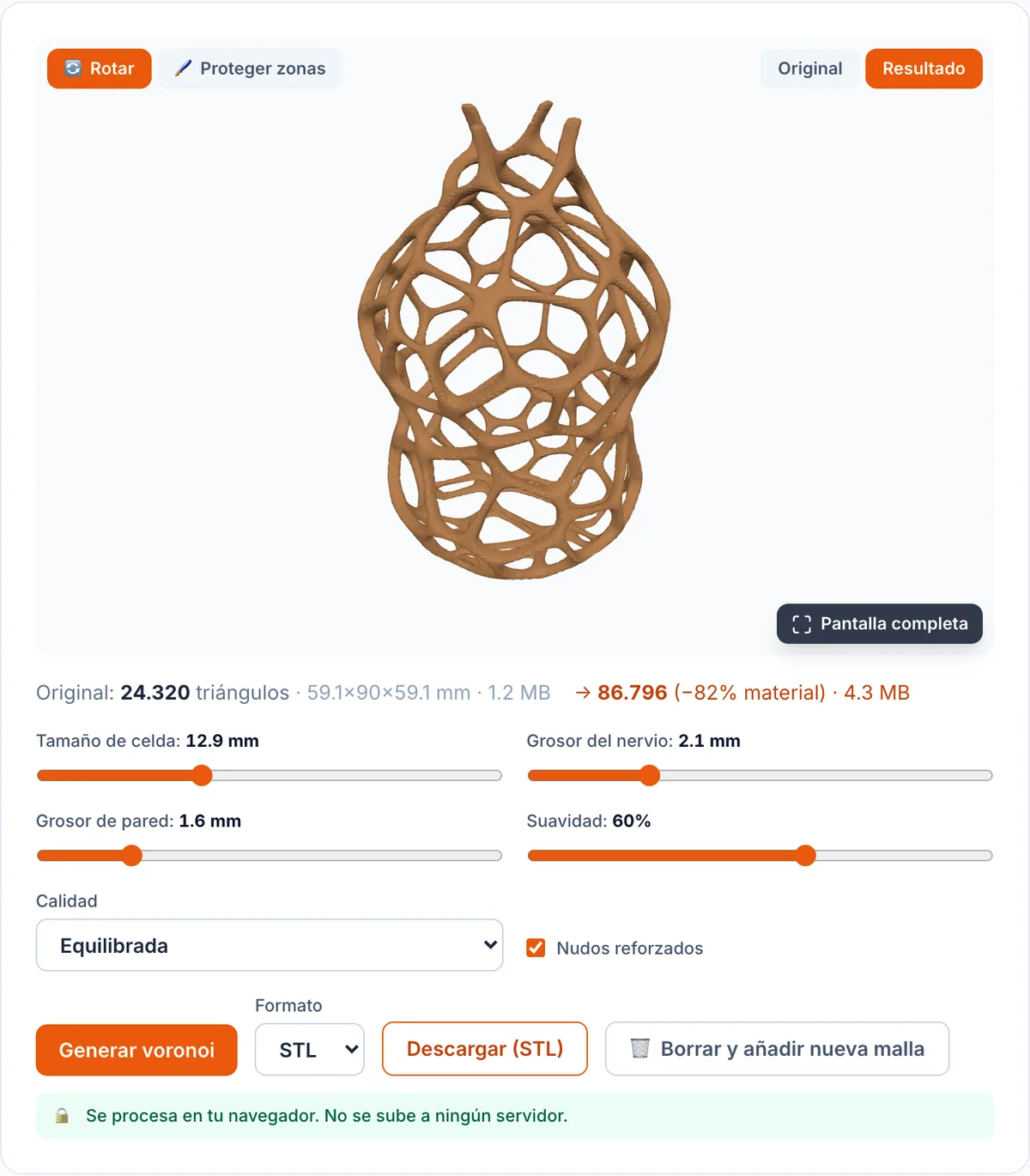 El generador voronoi de hotend con un modelo cargado y los controles de tamaño de celda, grosor de nervio y zonas sólidas